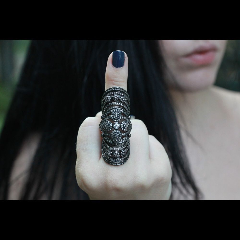 GORGEOUS SILVER GUNMETAL CZ COVERED JOINTED FULL FINGER SHIELD KNUCKLE RING NWT